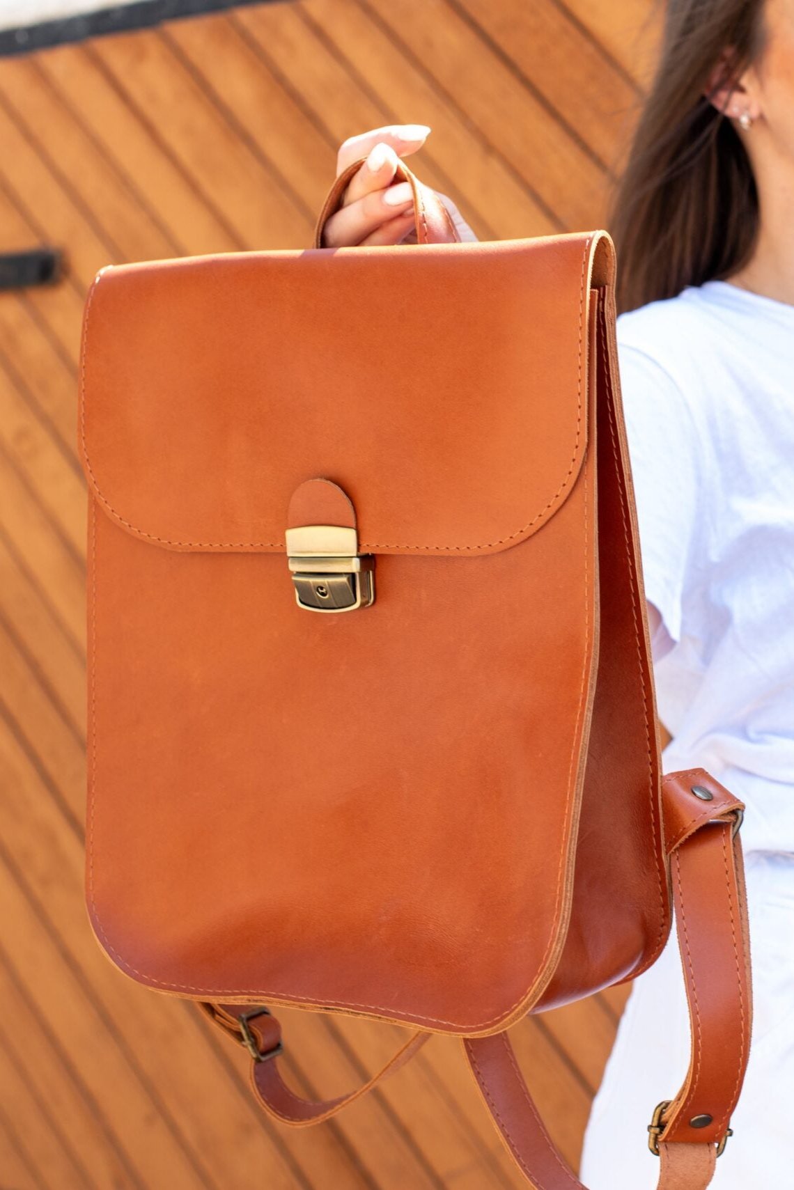 Natural Leather Saddle Backpack - Light Brown
