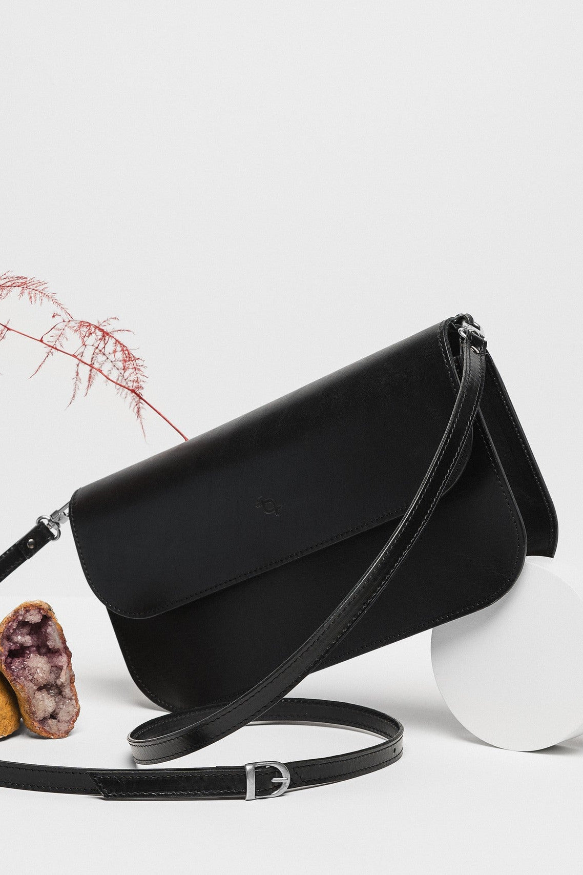 Leather Handbag Model Baguette with Two Straps - Black