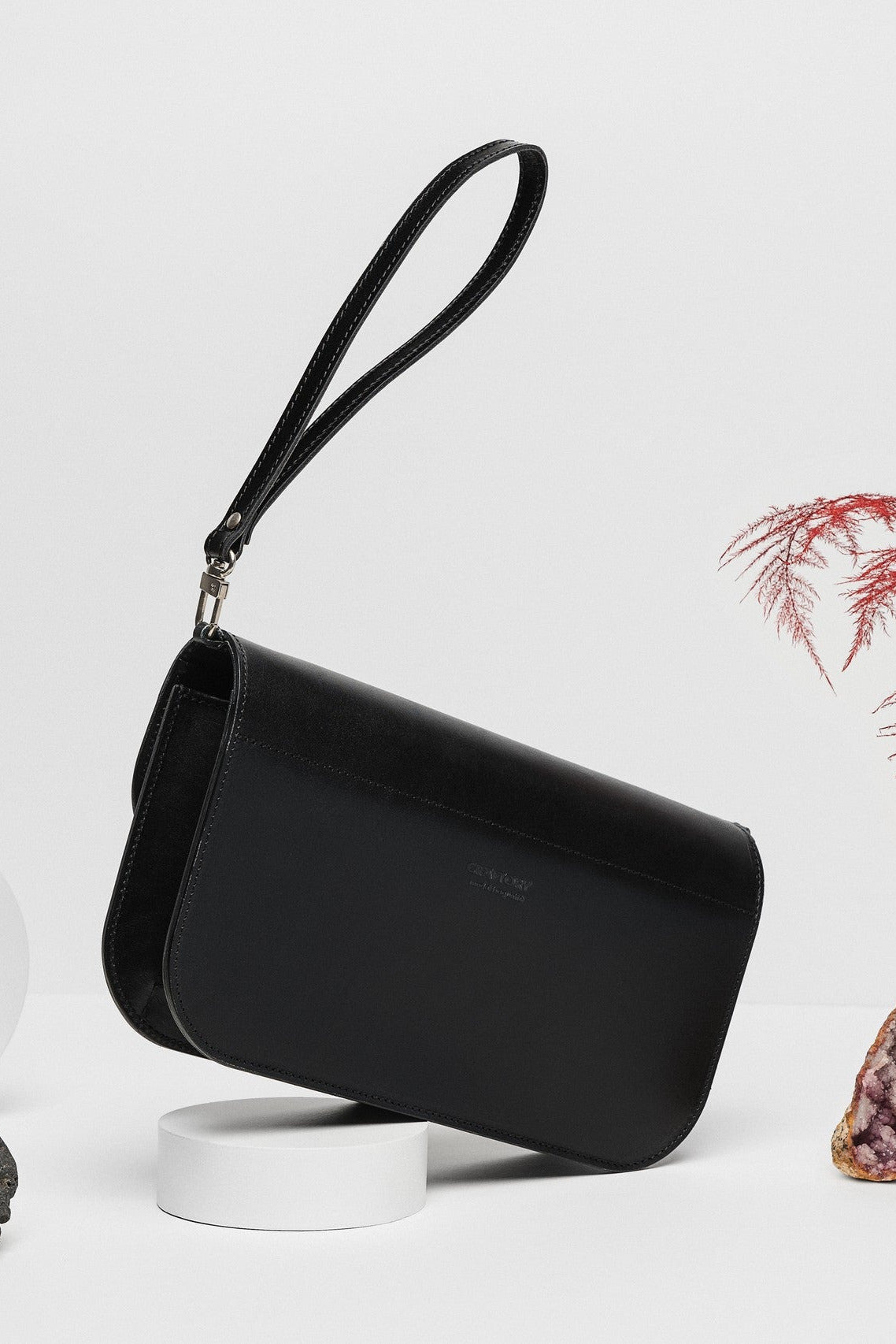Leather Handbag Model Baguette with Two Straps - Black