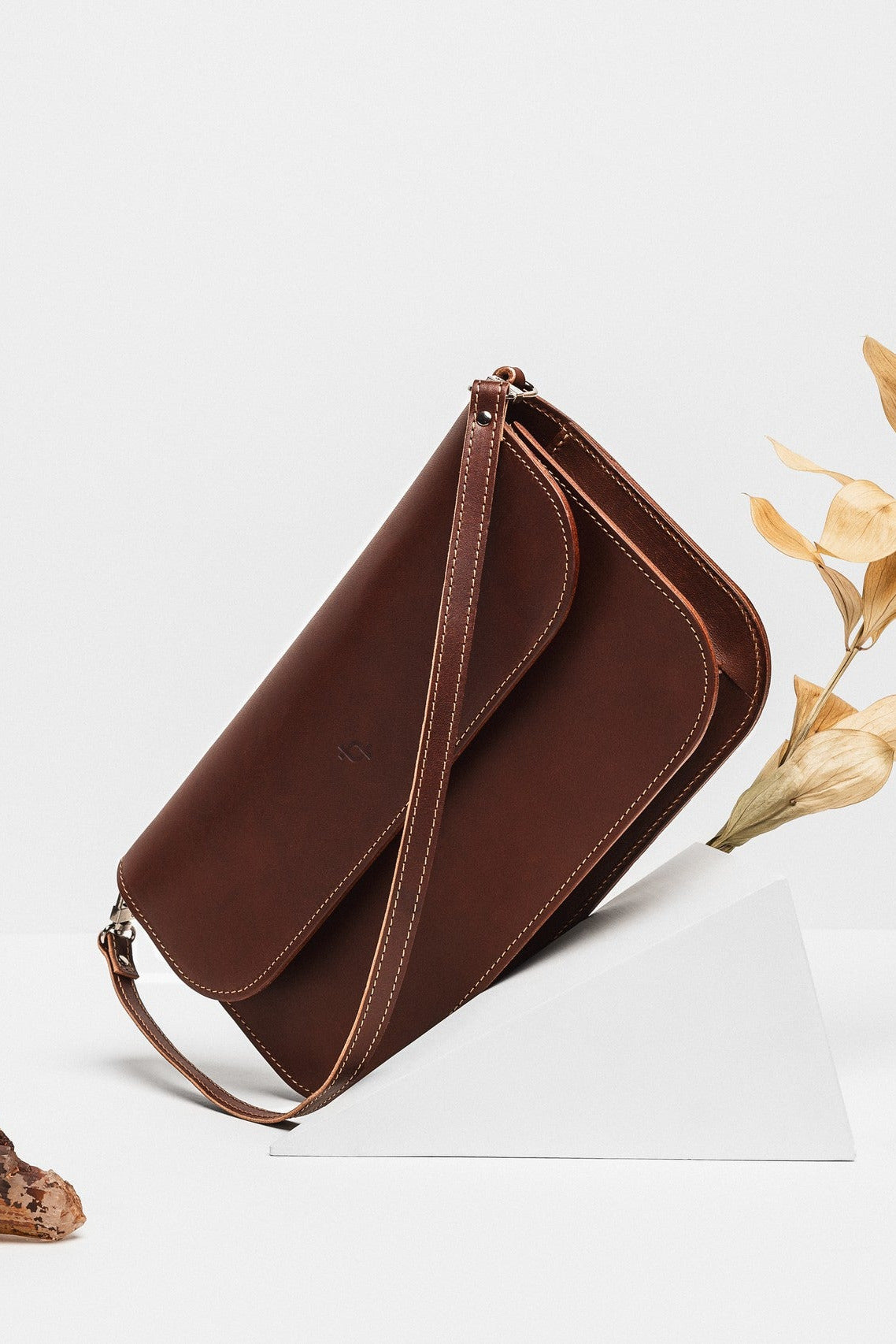 Leather Handbag Model Baguette with Two Straps - Cognac