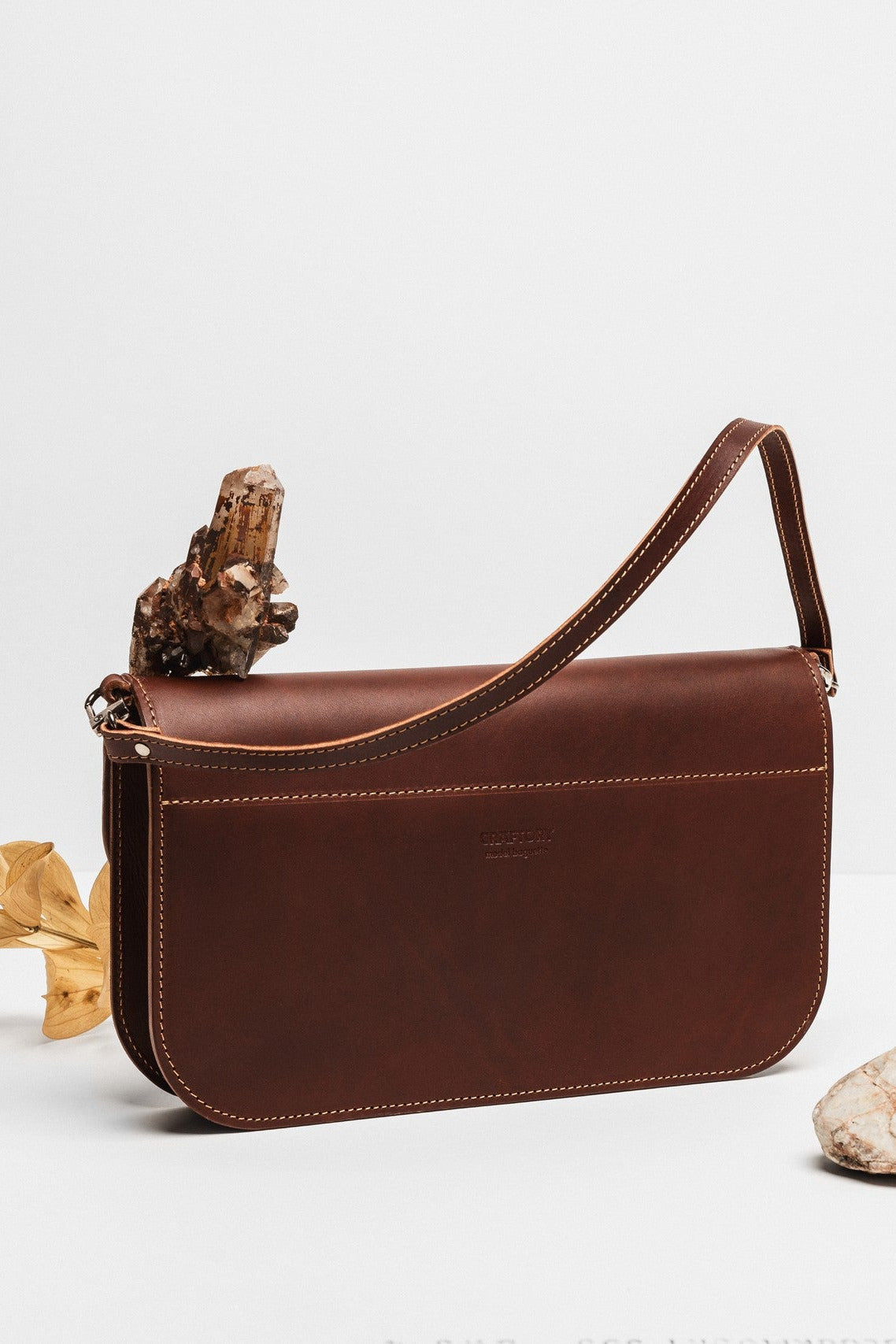 Leather Handbag Model Baguette with Two Straps - Cognac
