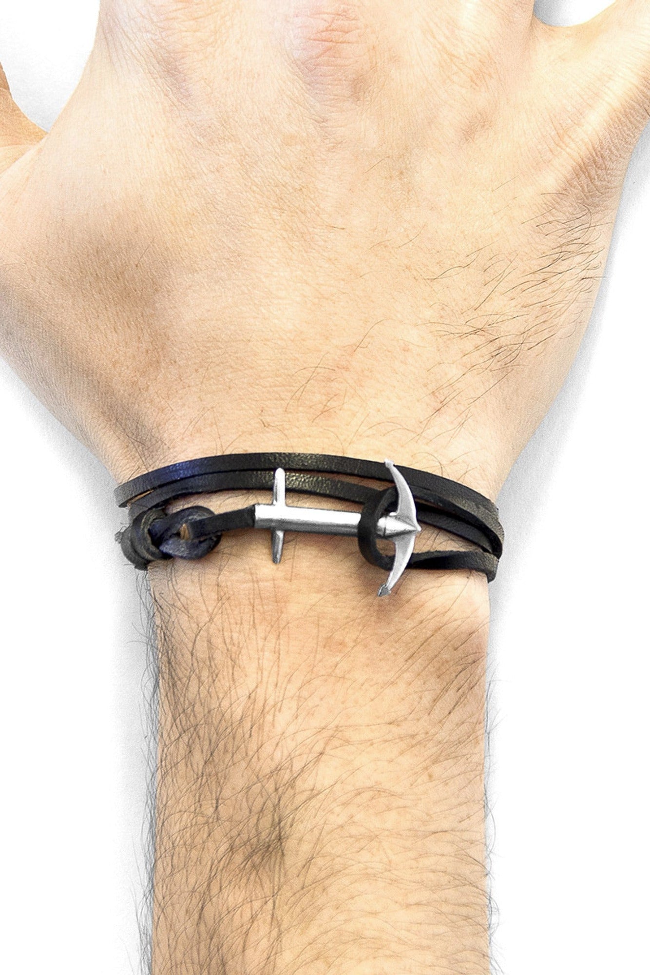 Admiral Anchor Silver and Flat Leather Bracelet - Coal Black