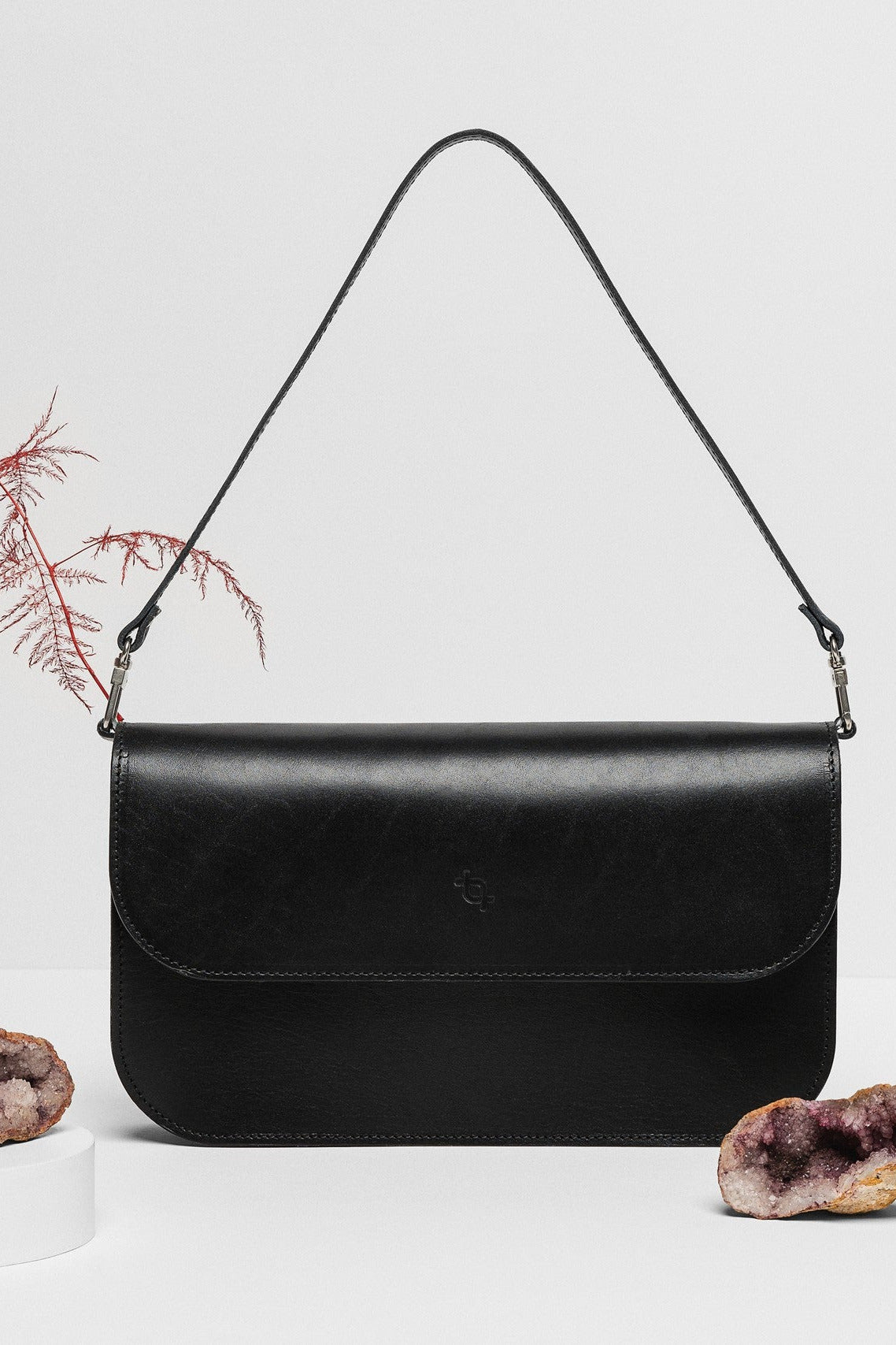 Leather Handbag Model Baguette with Two Straps - Black