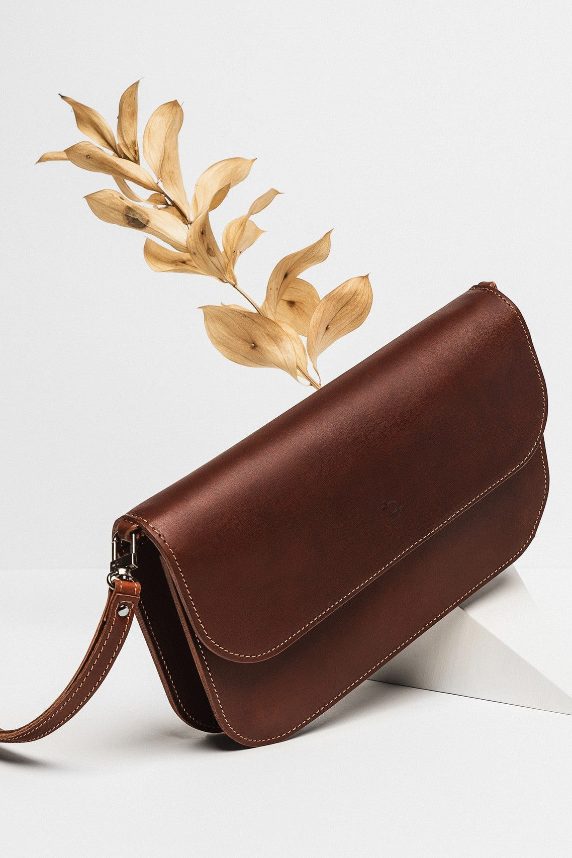 Leather Handbag Model Baguette with Two Straps - Cognac