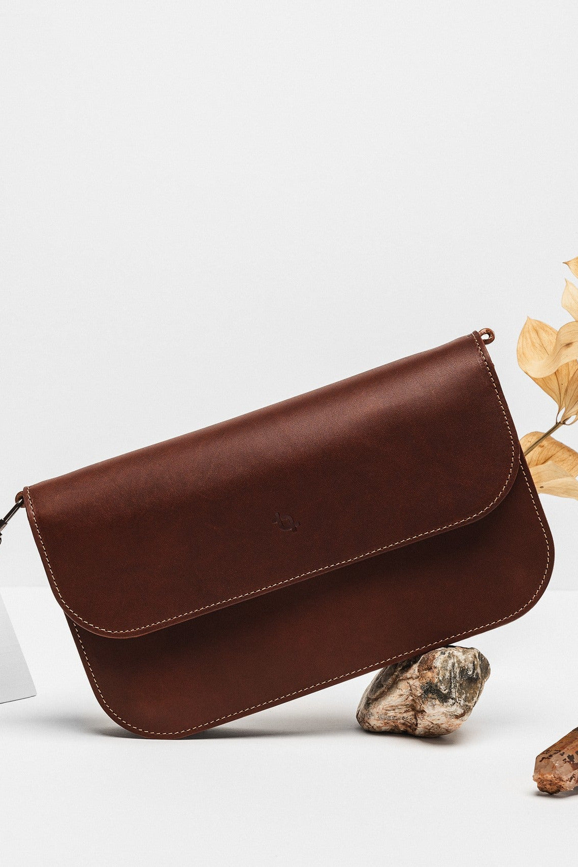 Leather Handbag Model Baguette with Two Straps - Cognac